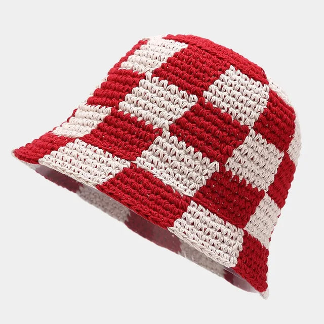 Stylish women's crocheted plaid fisherman hat, perfect for summer beach days or casual spring fashion.