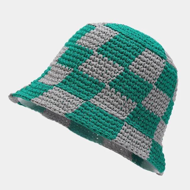 Casual women's cotton crocheted plaid fisherman hat, great for spring fashion and sunny outdoor activities.