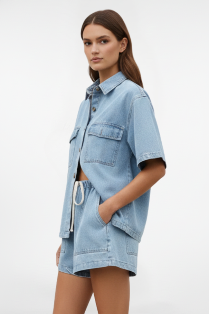 Trendy women's two-piece denim short set with a stylish shirt jacket & high-waist shorts, perfect for summer.