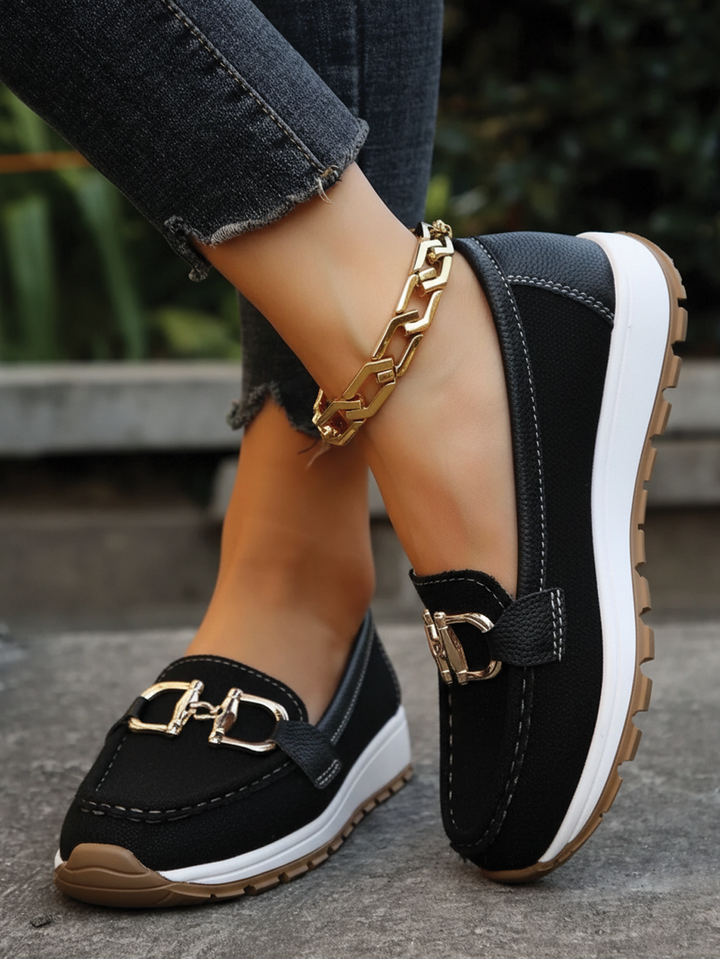Women's stylish flat buckle loafers, chic slip-on footwear for comfortable work & casual wear.