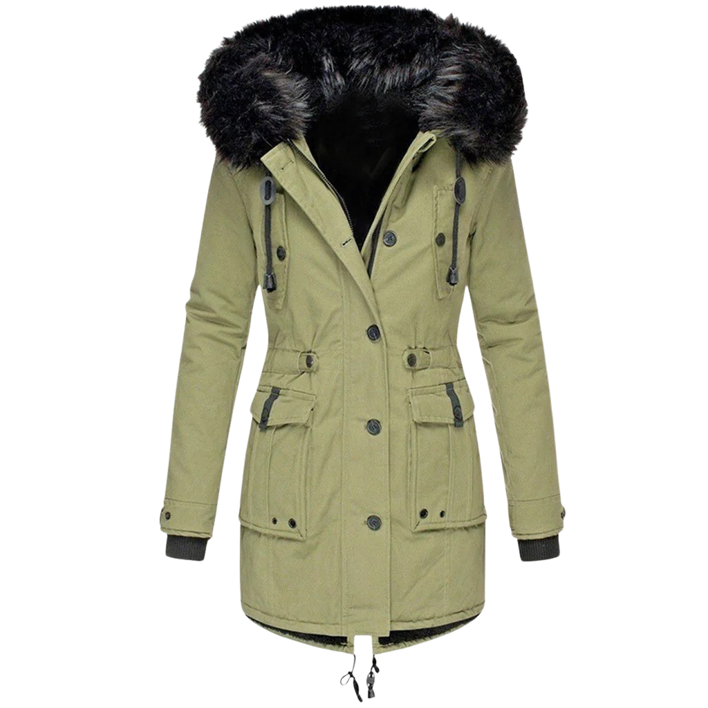 Stylish women's hooded winter coat, perfect for cold weather fashion & everyday warmth.