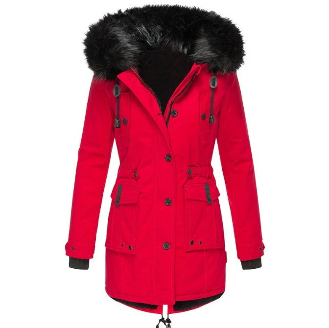 Cozy women's hooded winter jacket, offering warm protection against cold weather.