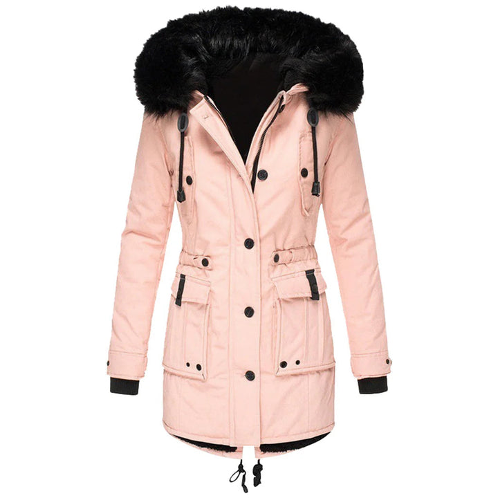 Fashionable women's long sleeve hooded winter coat, ideal outerwear for chilly days.