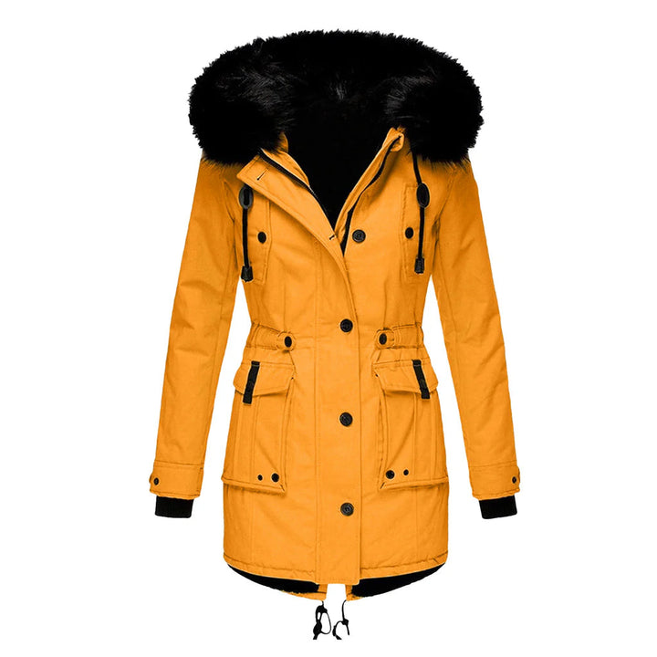 Sleek women's hooded winter coat, providing superior warmth for cold day fashion.