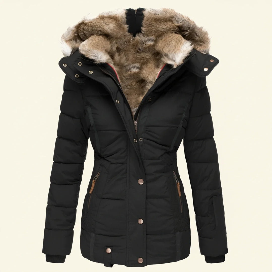 Stylish women's hooded winter puffer jacket, warm & chic for cold weather, essential winter coat.