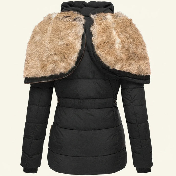 Women's quilted puffer jacket with cozy faux fur trim hood, perfect fashion outerwear for winter.