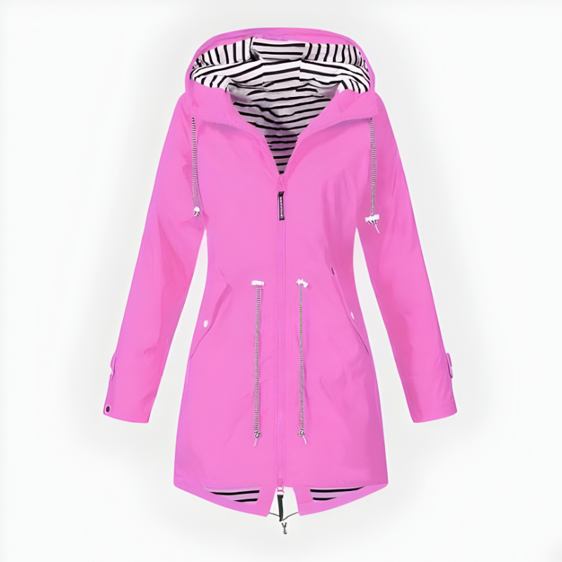 Stylish women's long rain jacket, waterproof & windproof, perfect for all-weather fashion outerwear.