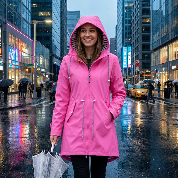 Women's hooded long rain coat, black, offering waterproof and windproof protection for stylish outerwear.