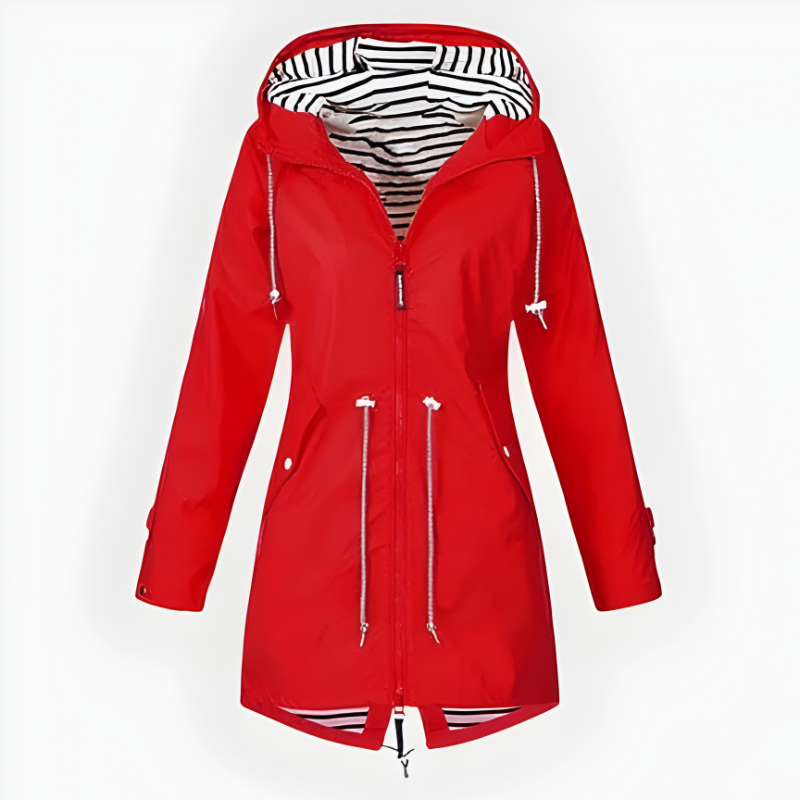 Fashionable women's waterproof rain jacket, long and windproof, ideal for all-weather outdoor protection.