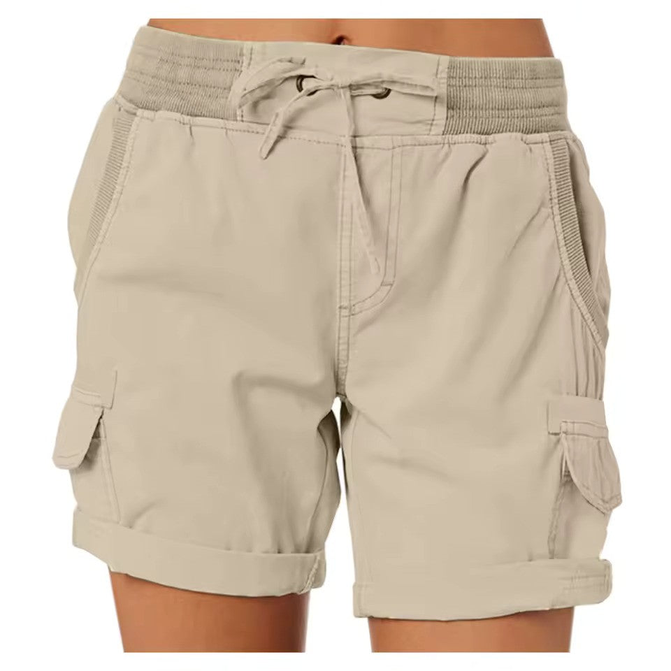 Stylish women's low-rise summer beach shorts for a trendy vacation look.
