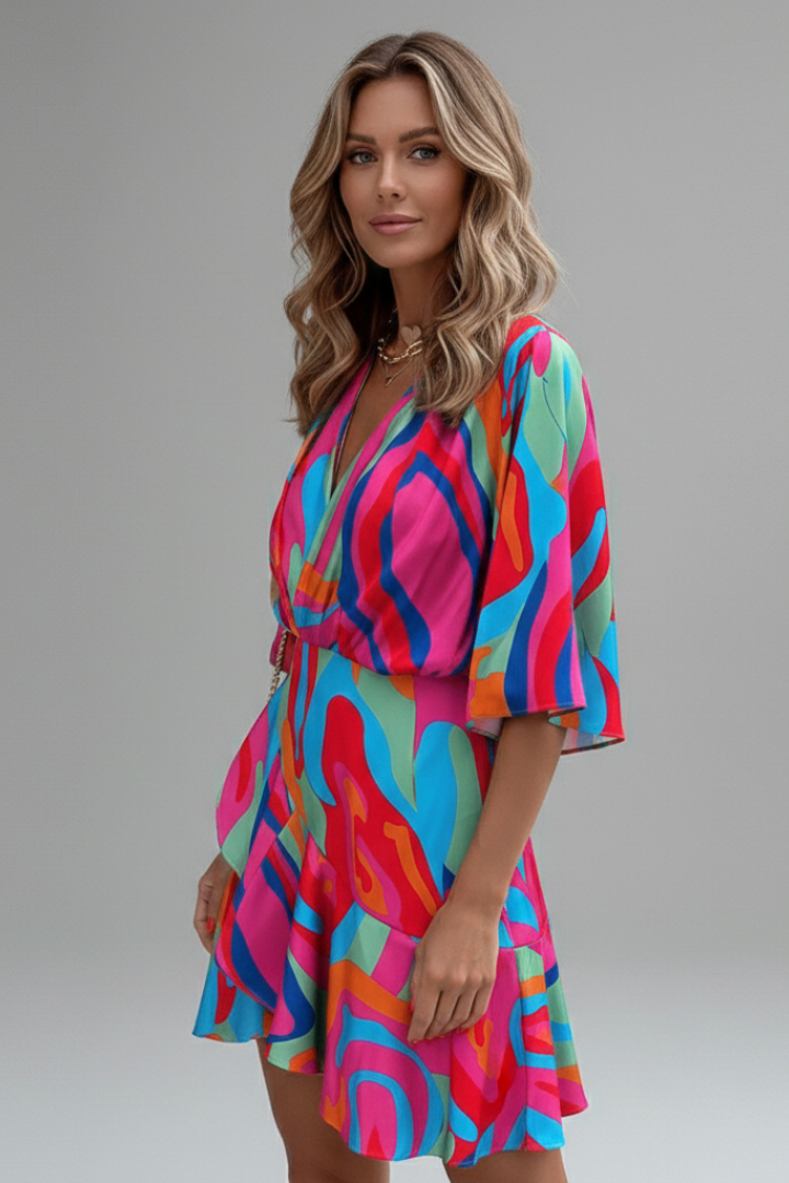 Women's short mini dress with flattering batwing sleeves & adjustable waist for a custom fit. Trendy.