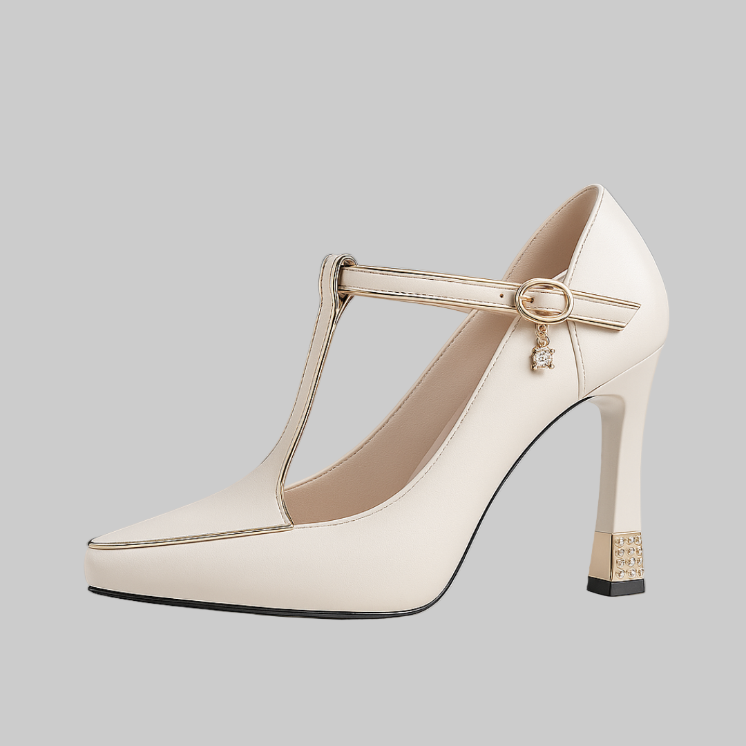 Elegant women's T-strap heels with square heel & pointed toe. Stylish orthopedic dress shoes.