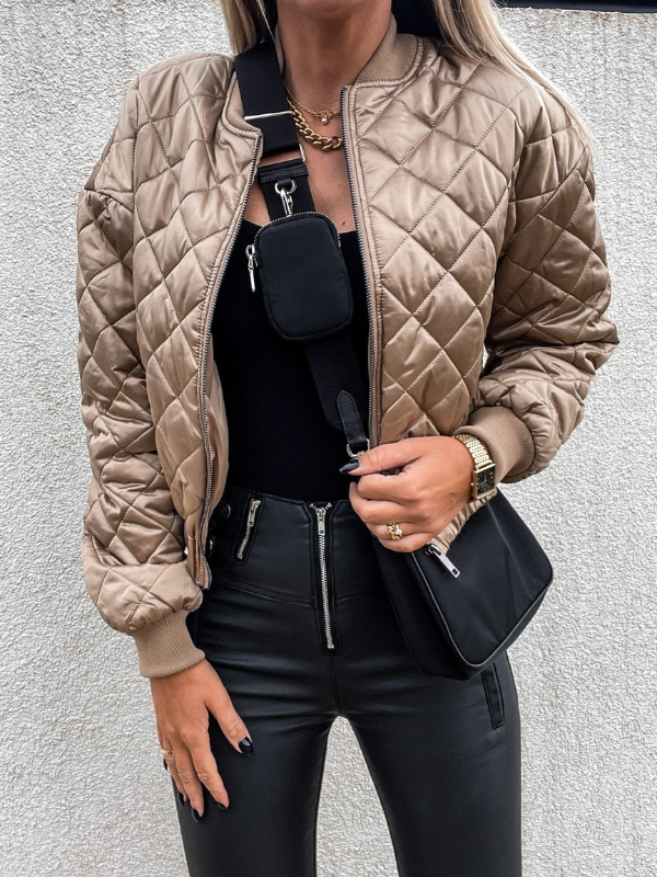 Stylish women's padded bomber jacket with pockets for everyday casual wear. Perfect fall/spring outerwear.