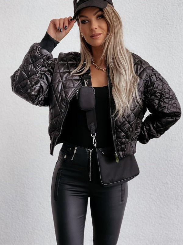 Zip-up women's padded bomber jacket, featuring multiple pockets. Perfect stylish outerwear for spring/fall.