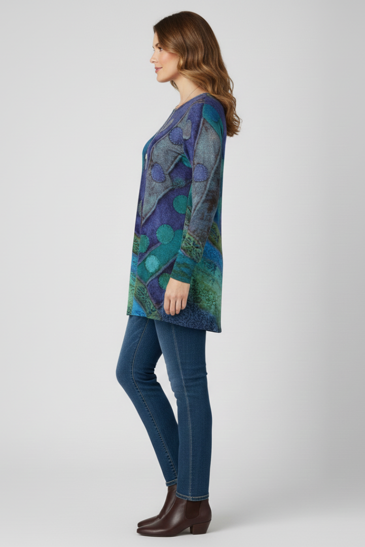 All-season women's stylish patchwork tunic with long sleeves & ribbed cuffs. Vibrant design for casual everyday wear.