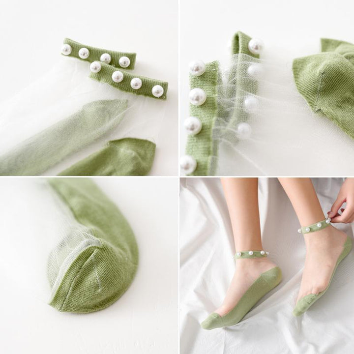 Comfortable pearl fishnet ankle socks for women, ideal for various shoe styles.