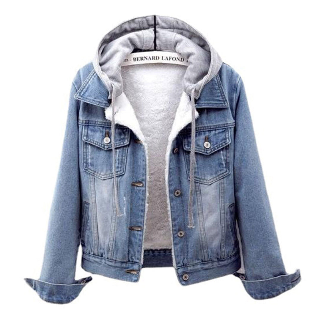 Stylish women's plus size hooded denim jacket in classic blue, ideal fall & winter casual outerwear for comfort.