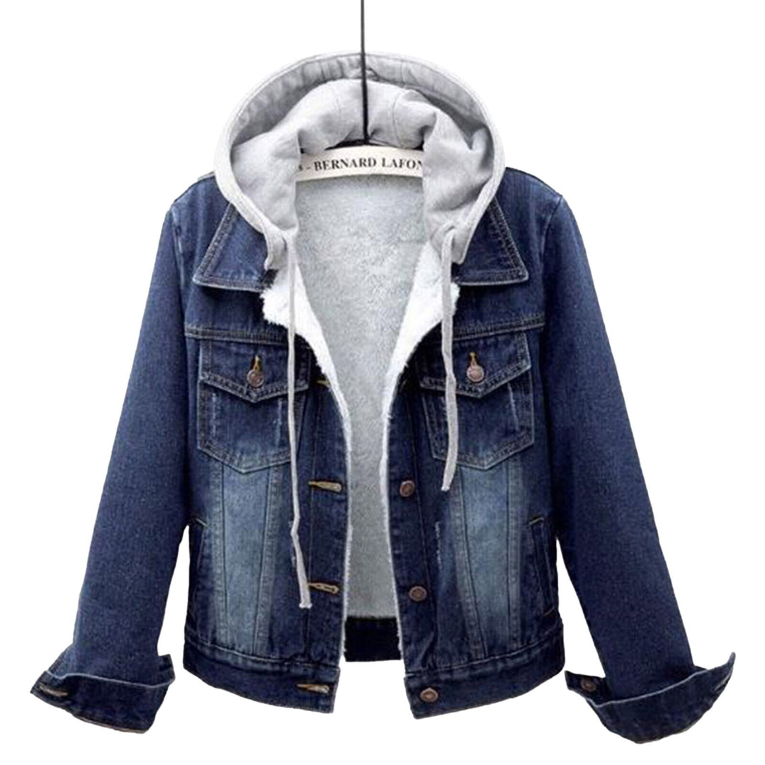 Cozy women's plus size hooded denim jacket, a warm blue denim winter outerwear for stylish casual looks.