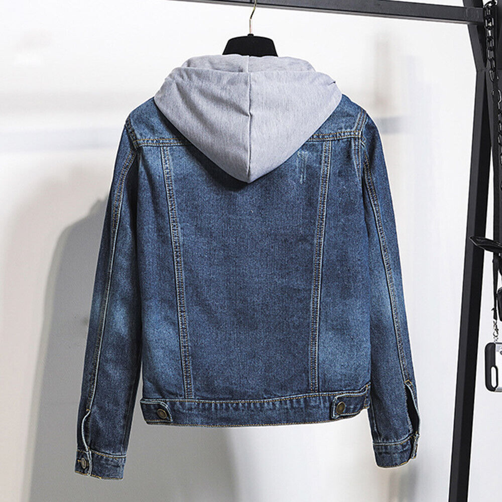 Trendy plus size women's blue denim jacket, hooded & comfortable, perfect fall fashion for a casual look.