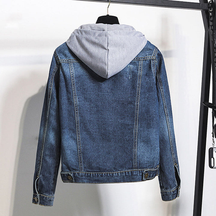 Trendy plus size women's blue denim jacket, hooded & comfortable, perfect fall fashion for a casual look.