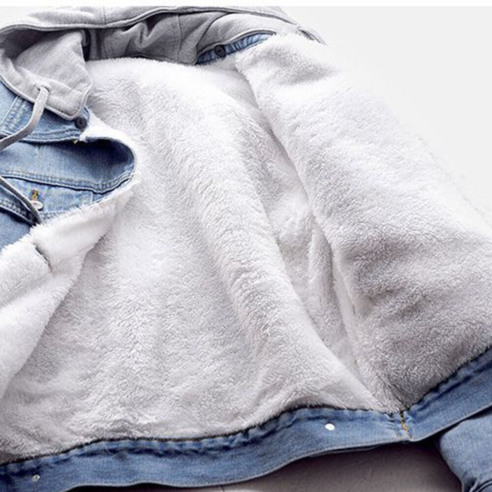 Versatile women's plus size hooded denim jacket in blue, a stylish casual fall & winter outerwear staple.