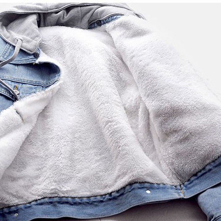 Versatile women's plus size hooded denim jacket in blue, a stylish casual fall & winter outerwear staple.
