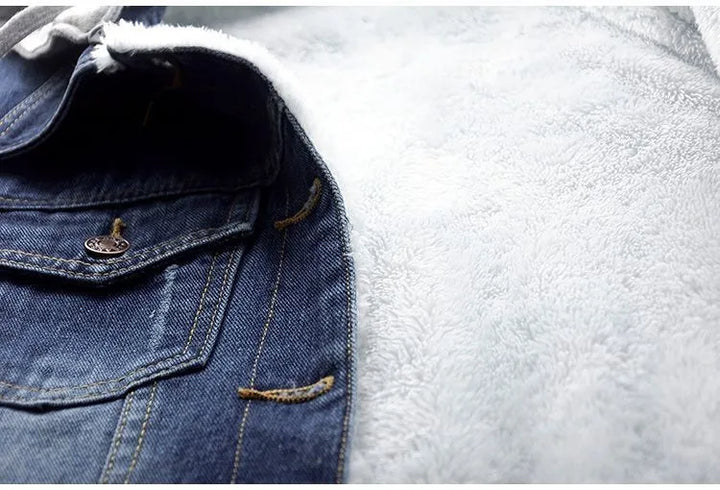 Front view of a blue women's plus size hooded denim jacket, a warm & stylish fall winter outerwear option.