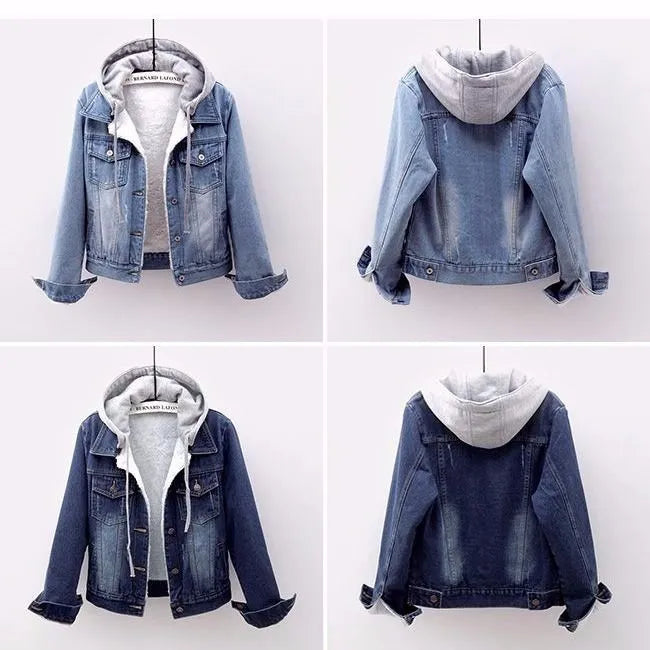 Durable blue denim women's plus size hooded jacket, a chic fall winter outerwear for everyday comfort.
