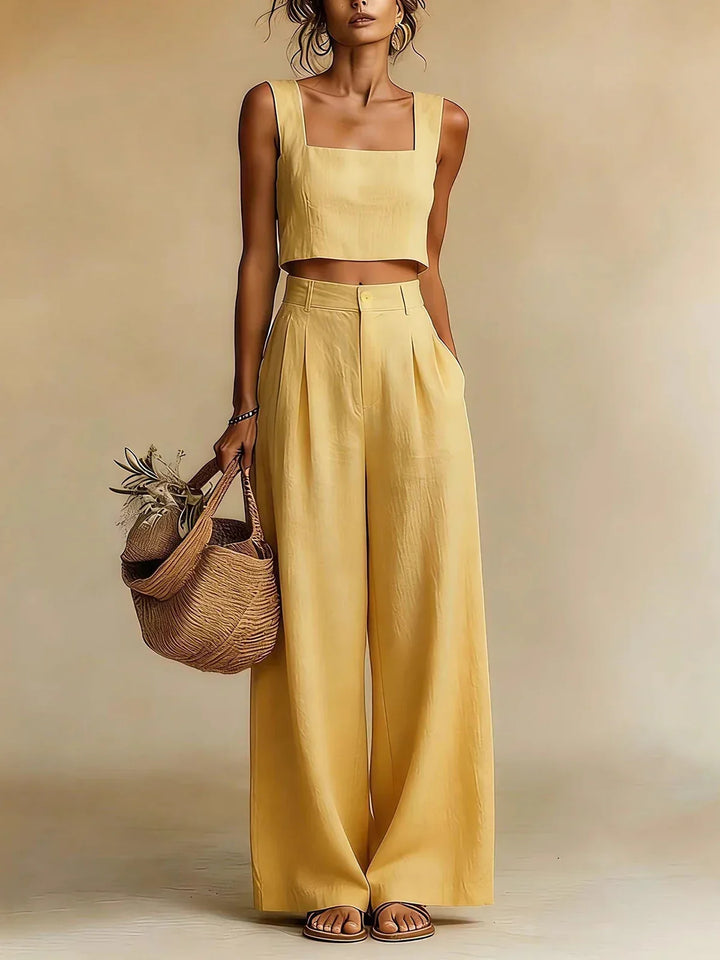 Stylish women's relaxed palazzo co-ord set with flowing top & wide-leg pants. Perfect for summer & vacation.