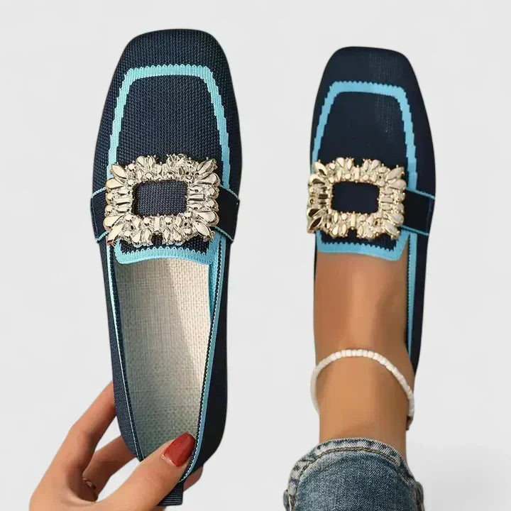 Stylish women's square toe mules with dazzling rhinestone buckle, perfect for casual or dressy wear.