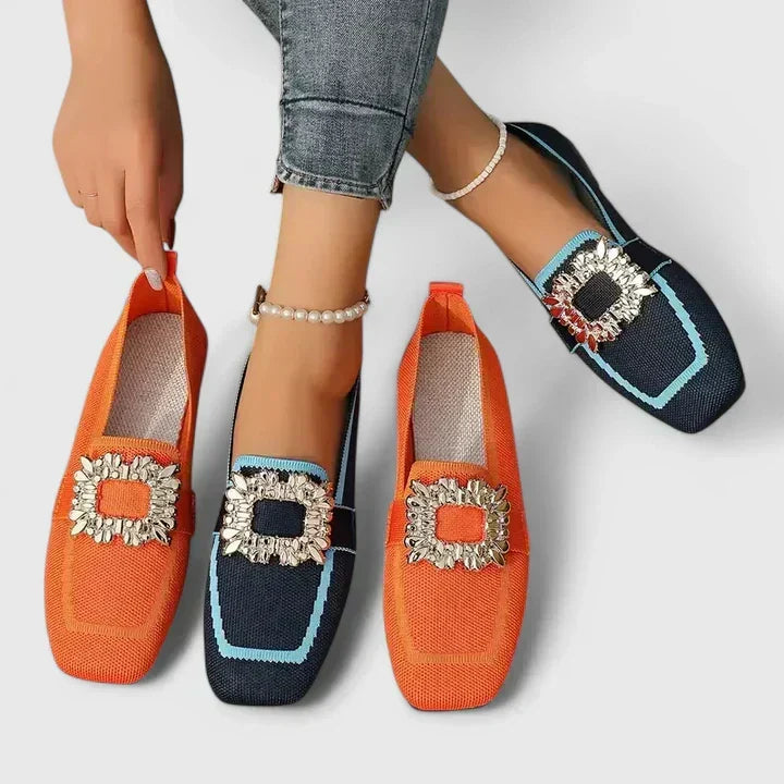 Comfortable women's slip-on square toe mules with a chic rhinestone buckle, ideal for everyday fashion.
