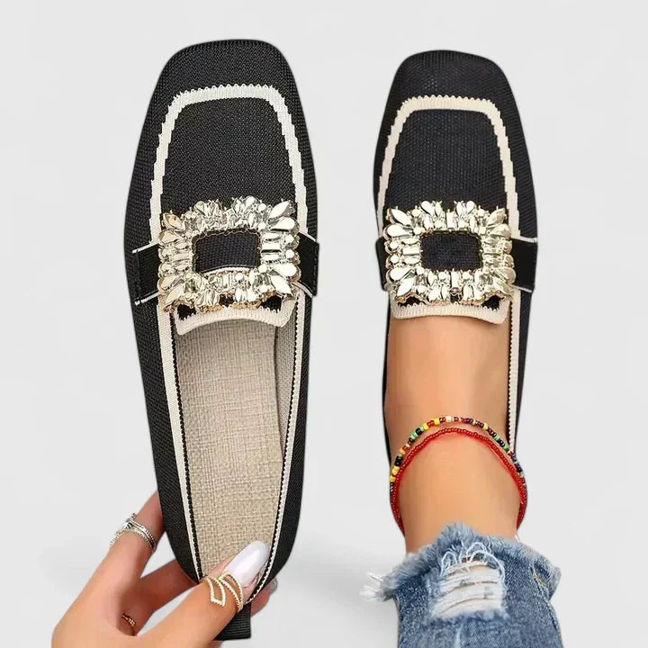 Fashionable women's square toe mules featuring a sparkling rhinestone buckle, a versatile dressy flat.