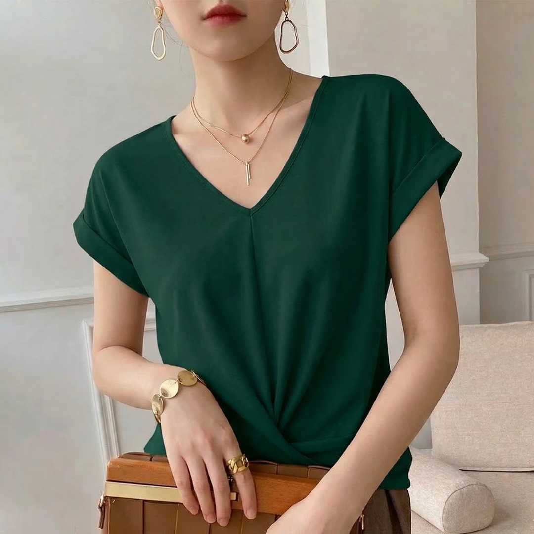 Stylish women's twist front V-neck top with short sleeves. Perfect for comfortable casual everyday wear or summer.