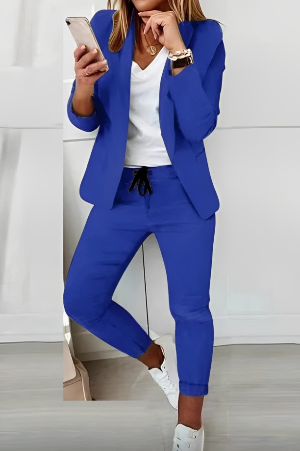 Modern classic women's two-piece blazer and pants set, a stylish apparel choice for all occasions.