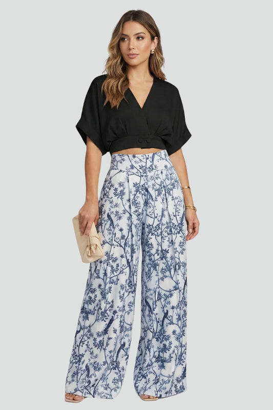 Comfortable women's two-piece set: soft V-neck top and relaxed wide-leg trousers. Perfect for a casual chic summer look.