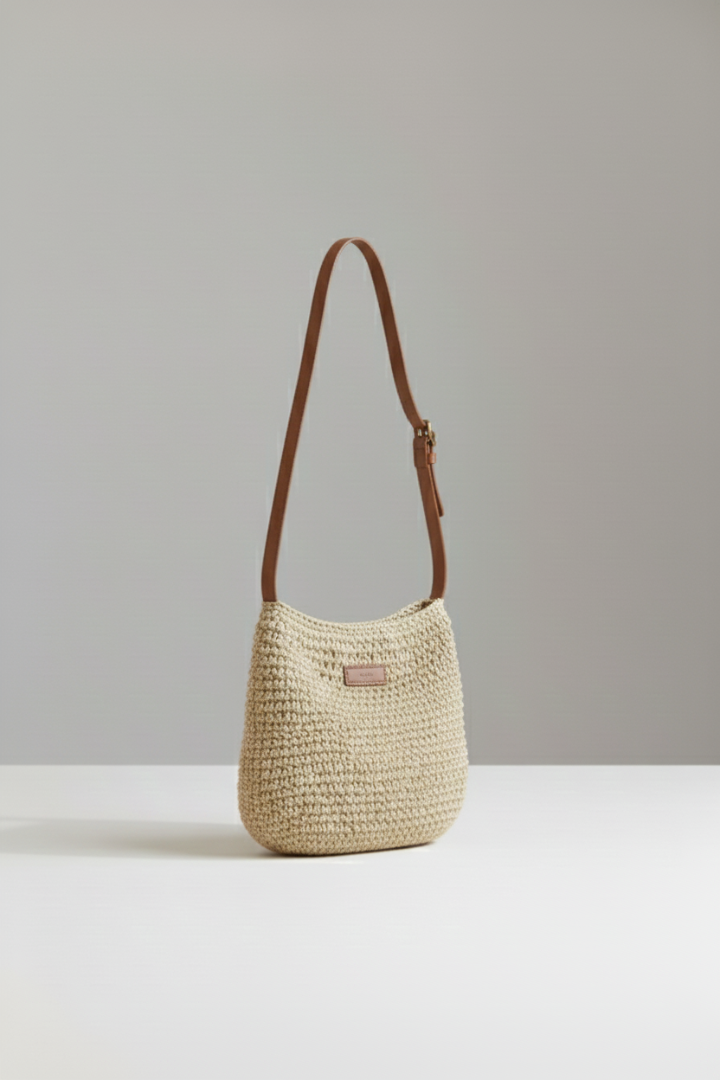 Brown compact woven shoulder bag for women, featuring a long adjustable strap. Great as an everyday purse.