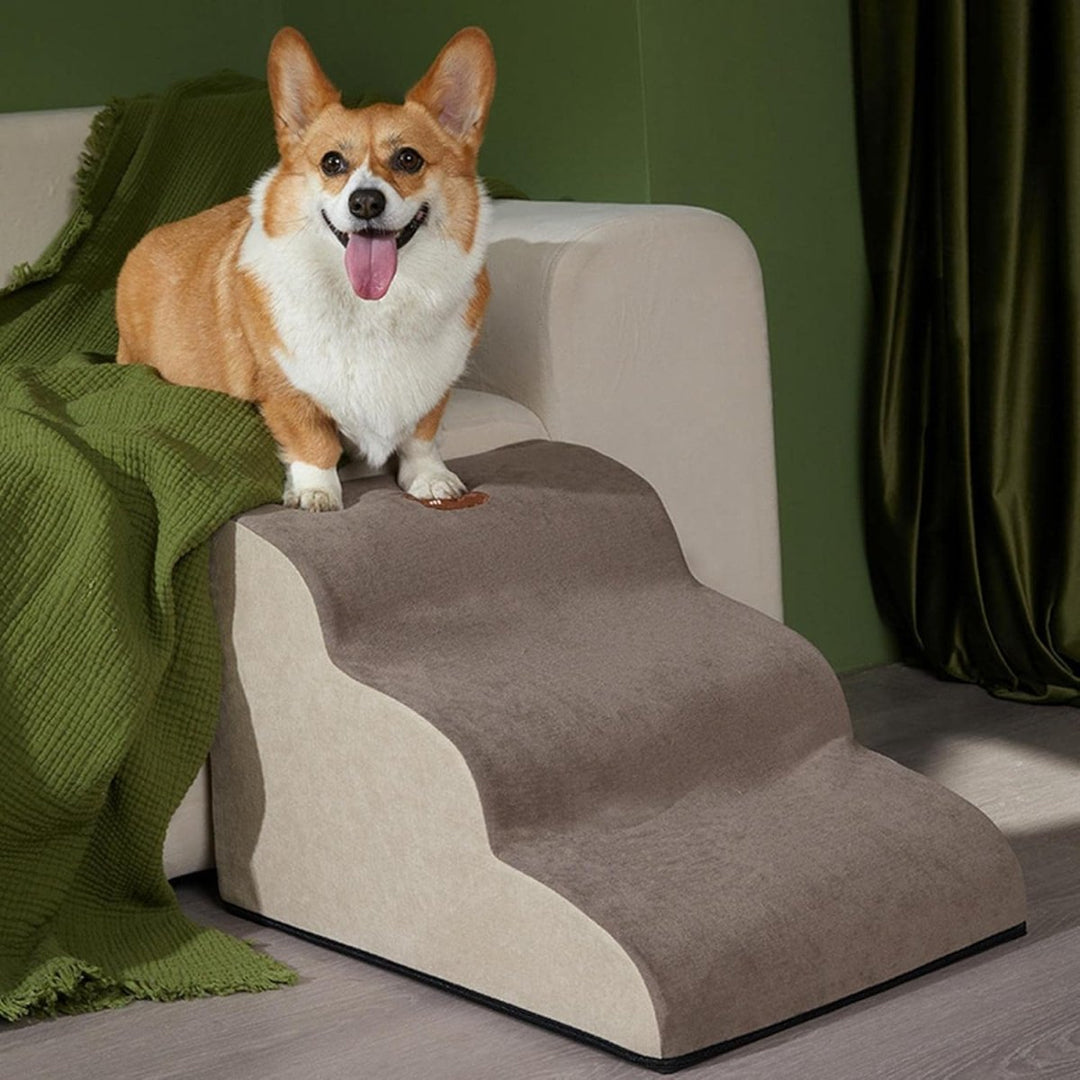 Supportive dog stairs for small dogs & elderly pets to easily access furniture, featuring non-slip steps.