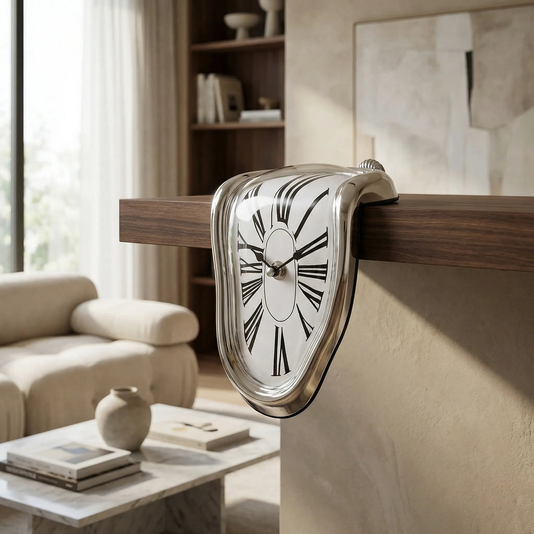 Surreal melted sculptural mantel clock with golden accents, a unique modern home decor piece.