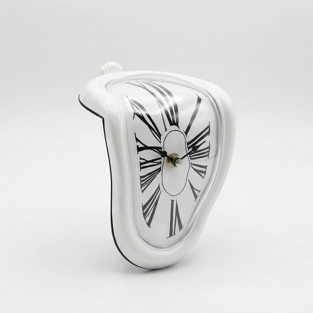 A striking surreal melted clock, a golden sculptural mantelpiece for modern home and shelf decor.