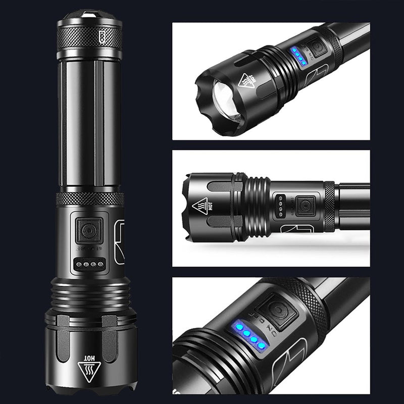 Survival gear: tactical, waterproof, rechargeable flashlight with powerful LED light