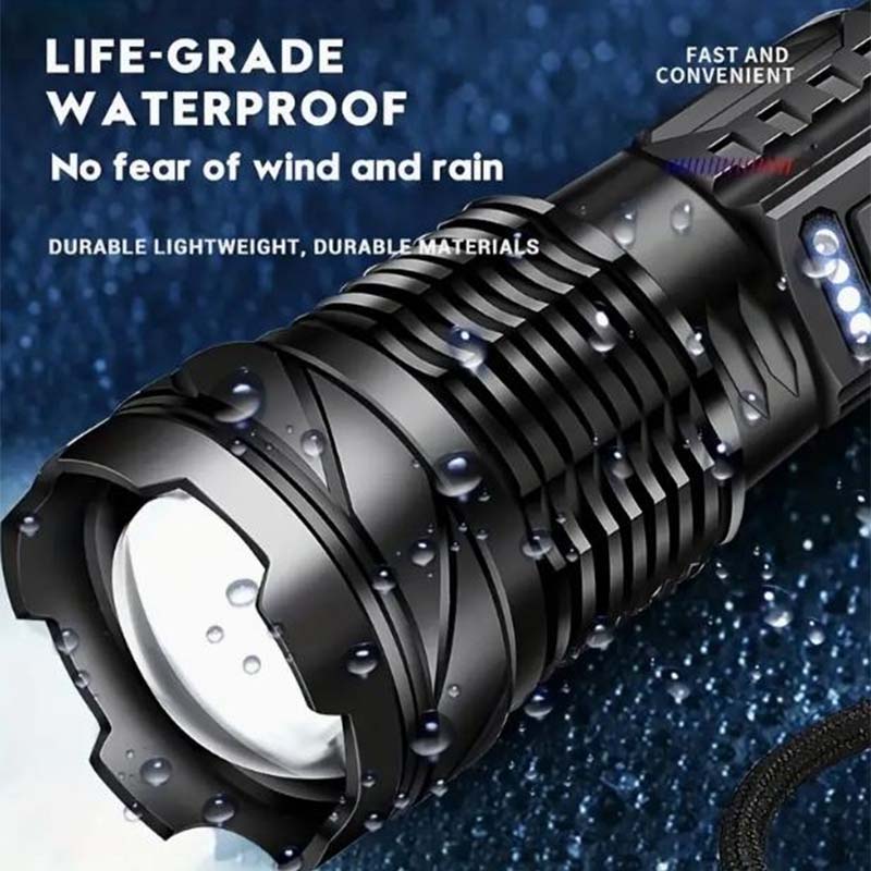 Side view of a tactical white laser flashlight, highlighting its durable construction
