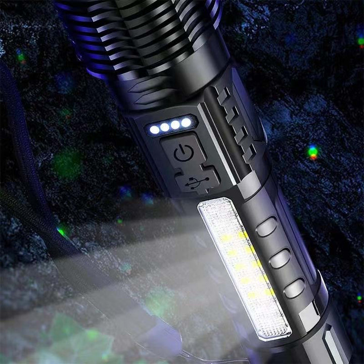 Tactical flashlight illuminating a dark path with its white laser, great for camping