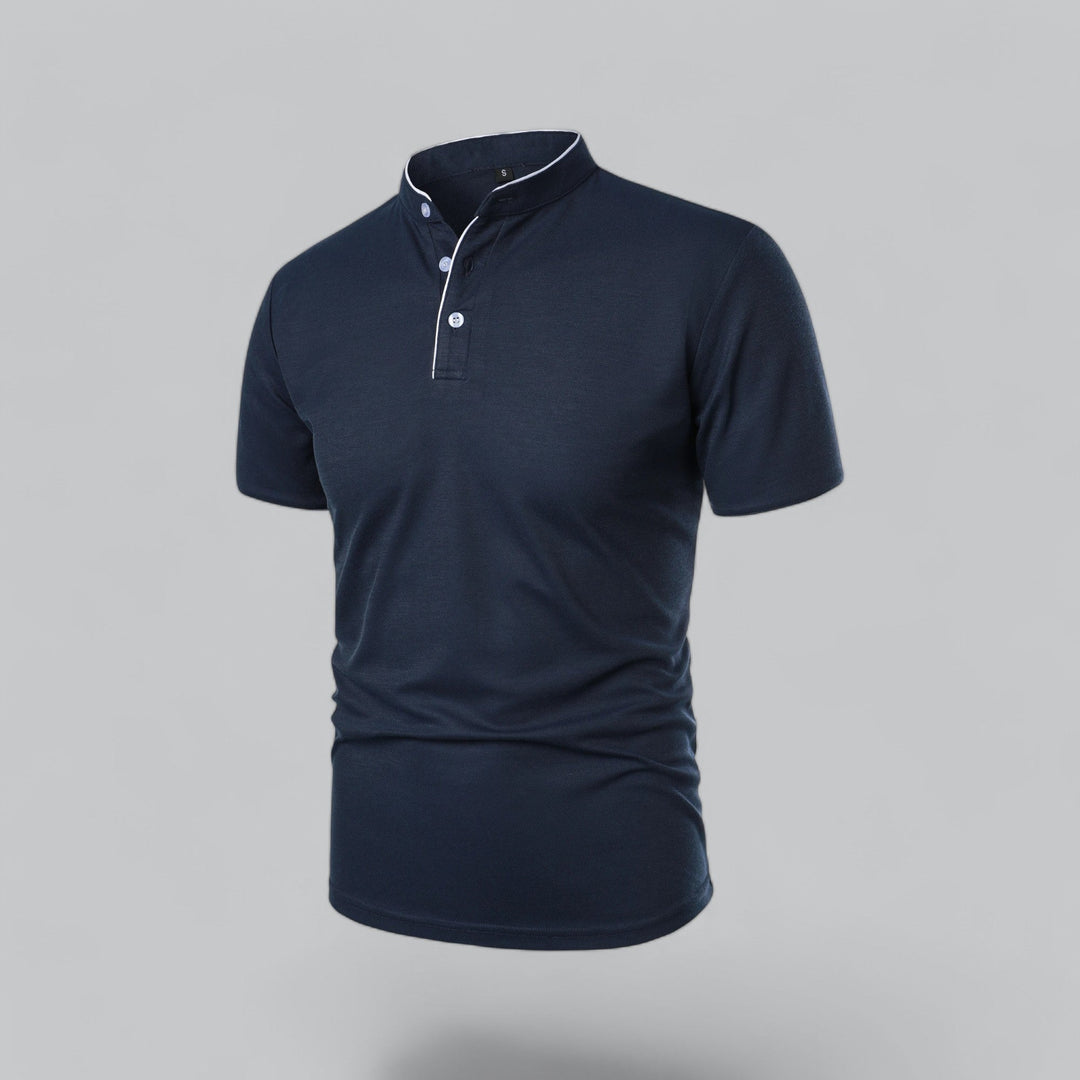 Men's collarless polo, short sleeve, tailored fit, great for versatile spring & summer fashion.