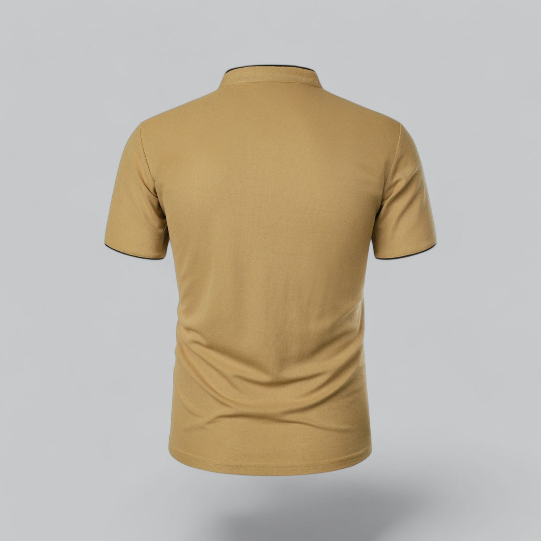 Timeless men's collarless short sleeve polo, modern tailored fit, versatile summer fashion.