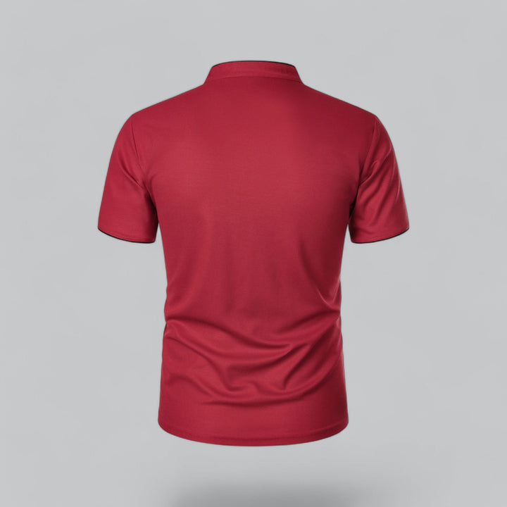 Smart casual men's collarless short sleeve polo, timeless design, ideal for versatile styling.