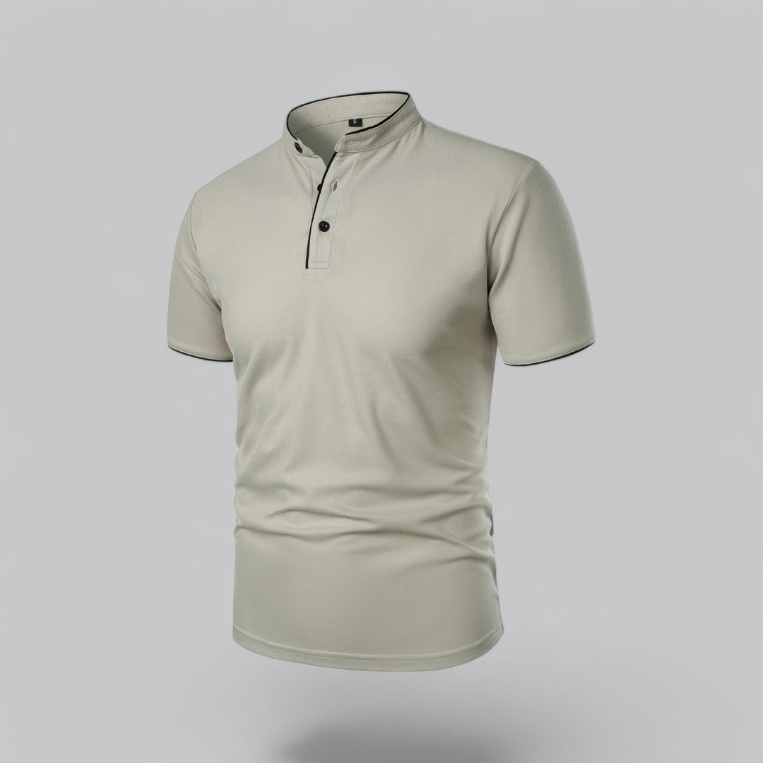 Collarless men's short sleeve polo, tailored fit, versatile for summer & business casual outfits.