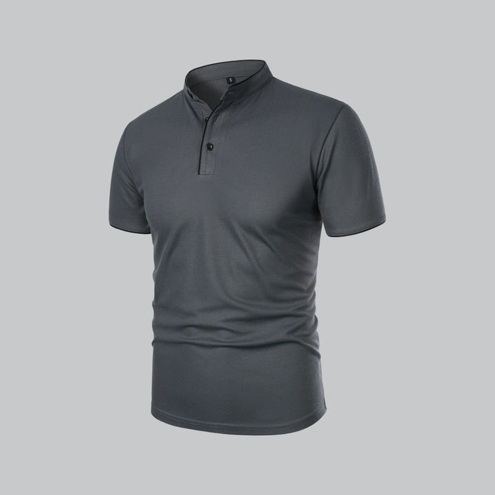 Business Casual men's collarless polo, short sleeve, modern tailored fit, ideal for daily style.