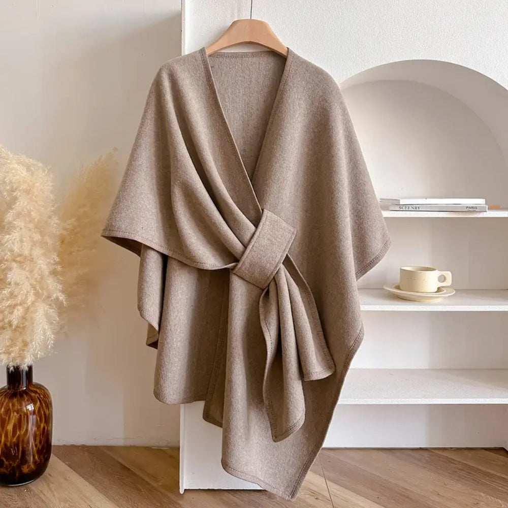Taupe microfiber windproof wrap scarf for women. Elegant, warm autumn/winter accessory.