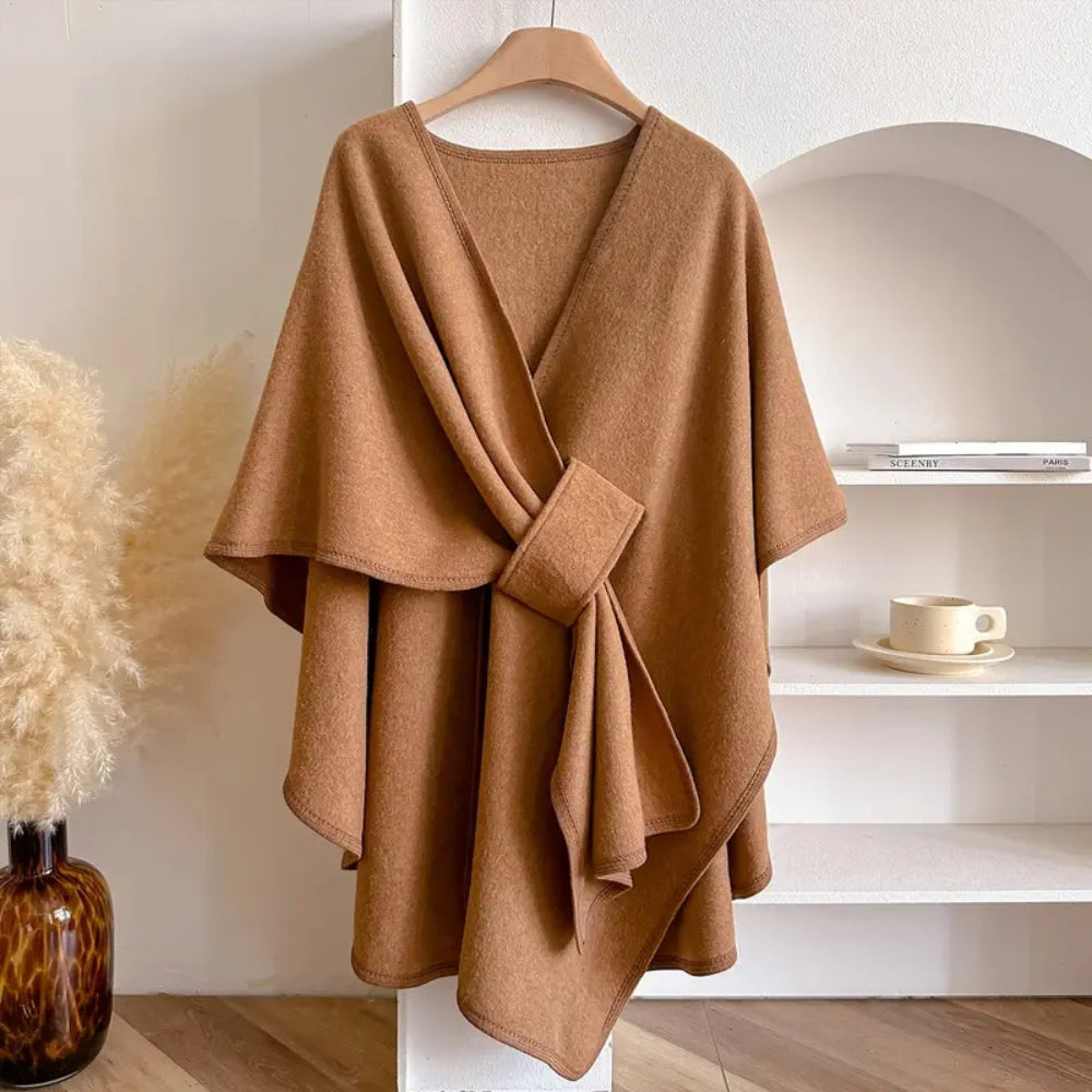 Taupe windproof women's wrap scarf. Warm microfiber for elegant autumn/winter wear.