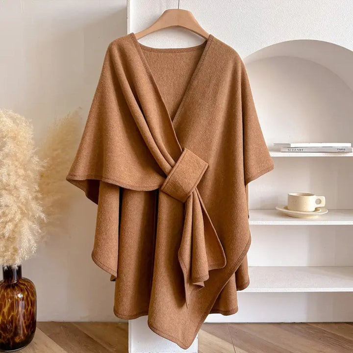 Taupe windproof women's wrap scarf. Warm microfiber for elegant autumn/winter wear.